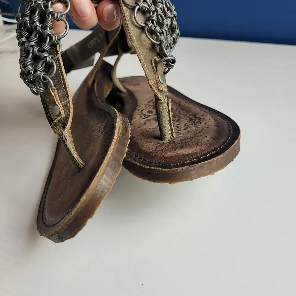 Bull Boxer Annalise Chain Sandals Leather Flats ‎ T-strap Thong Brown Boho